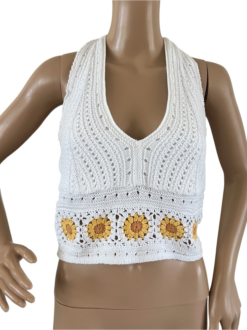 Hollister Sunflower Crochet Crop Halter Top Boho Indie Festival Folk Summer